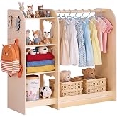 VEVOR Kids Dress Up Storage, with Mirror, Wooden Kids Dress Up Rack, Toddler Wardrobe Closet for Little Girls, Storage Armoire, Costume Organizer, Children Playroom Furniture, for Bedroom, Natural