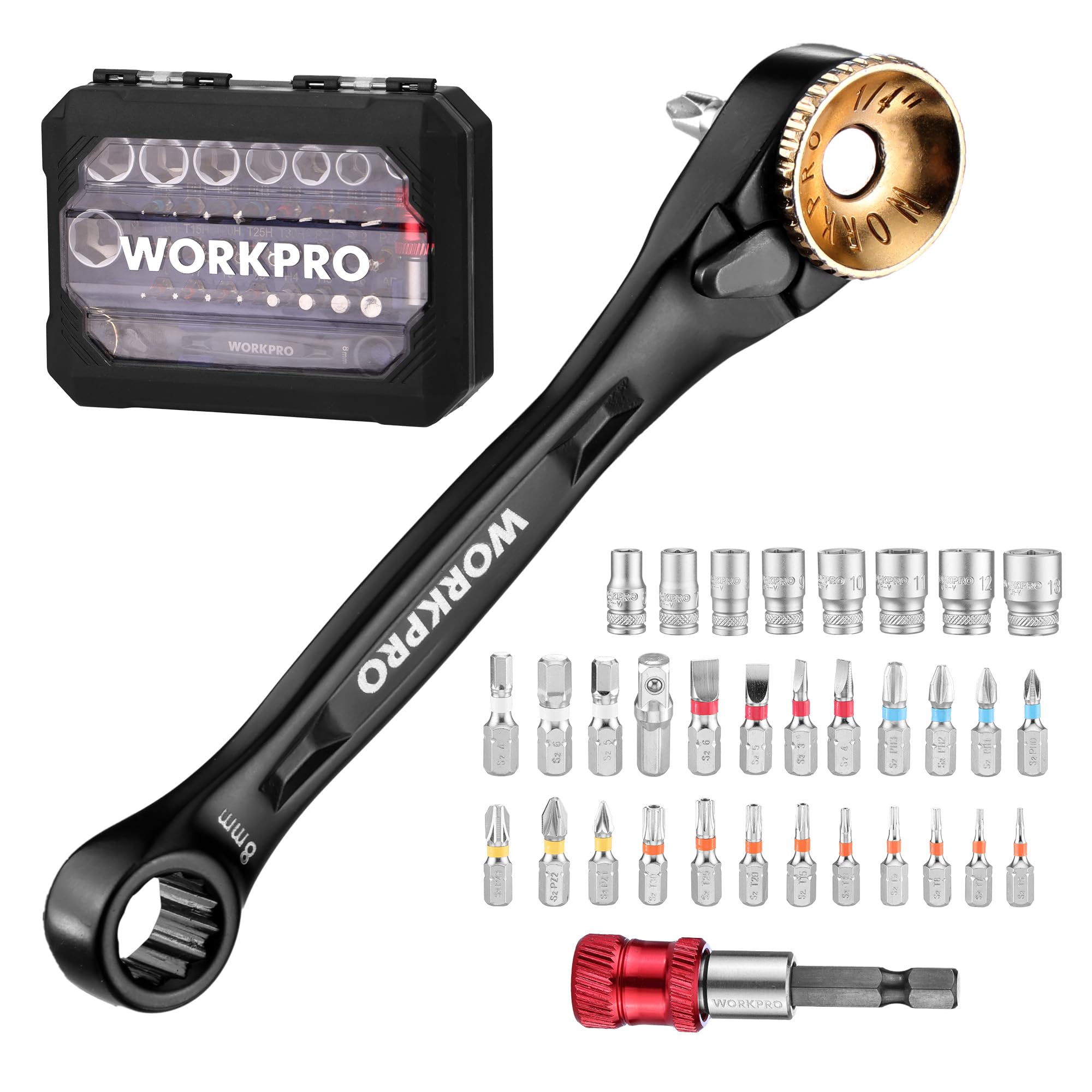 Photo 1 of *** MISSING MINI RATCHET WRENCH*** WORKPRO 34-Piece 1/4" Mini Ratchet Wrench, 72-Tooth, Right Angle Screwdriver Mens Gifts, 90 Degree Offset Ratcheting Screwdriver Pocket Mini Low Profile Ratchet Wrench Bit Socket Set for Tight Space