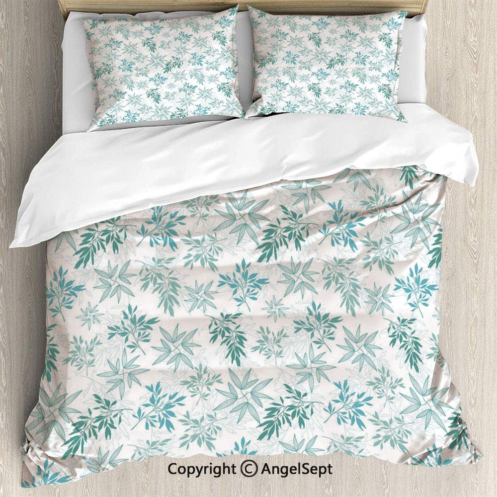 SfeatruAngel Bedding 3-Piece Set Duvet Cover Set,Tropics Abstract Leaves Aloha Hawaii Foliage Vegetation Exotic Trees Decorative,Full Size,1 Quilt Cover 2 Pillow Shams,Pale Blue Reseda Green White