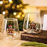 Reallnaive 2 Set Christmas Gingerbread Man Stemless Wine Glass Christmas 15 oz Drinking Glasses for Dinner Party Birthday Holiday