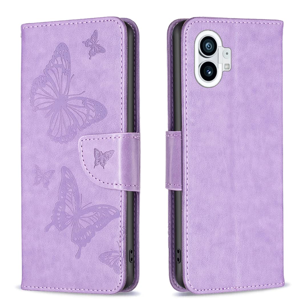 Thoankj Nothing Phone 1 Case Shockproof, PU Leather Wallet Cover Butterfly with Stand Magnetic Card Holder Slot Money Pouch Slim Folio Bumper Protective Phone Flip Case for Nothing Phone One Purple