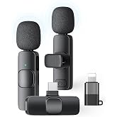 2 Pack Wireless Lavalier Microphone for iPhone iPad and Android Phone, Lapel Mic Plug and Play Wireless Mic Noise Reduction Mini Microphone for Video Recording Interview Podcast Vlog YouTube Tiktok