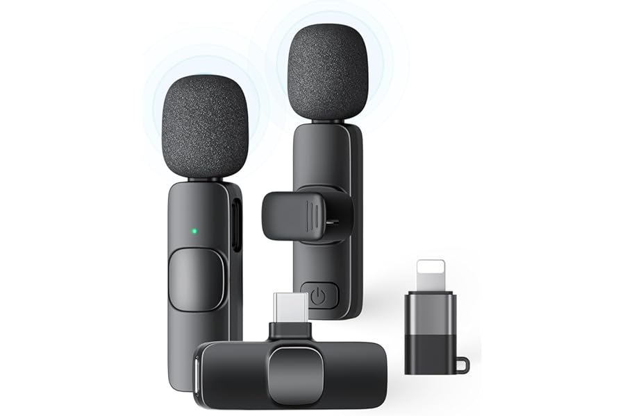 2 Pack Wireless Lavalier Microphone for iPhone iPad and Android Phone, Lapel Mic Plug and Play Wireless Mic Noise Reduction Mini Microphone for Video Recording Interview Podcast Vlog YouTube Tiktok