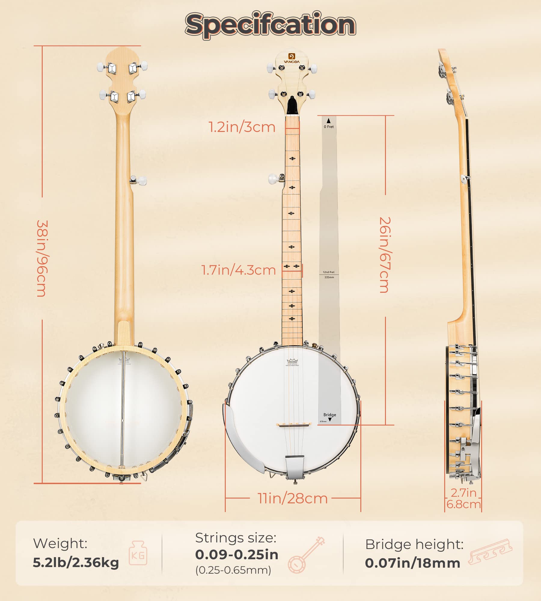 Vangoa 5 String Banjo Open Back Full Size, Clawhammer Banjo Beginner