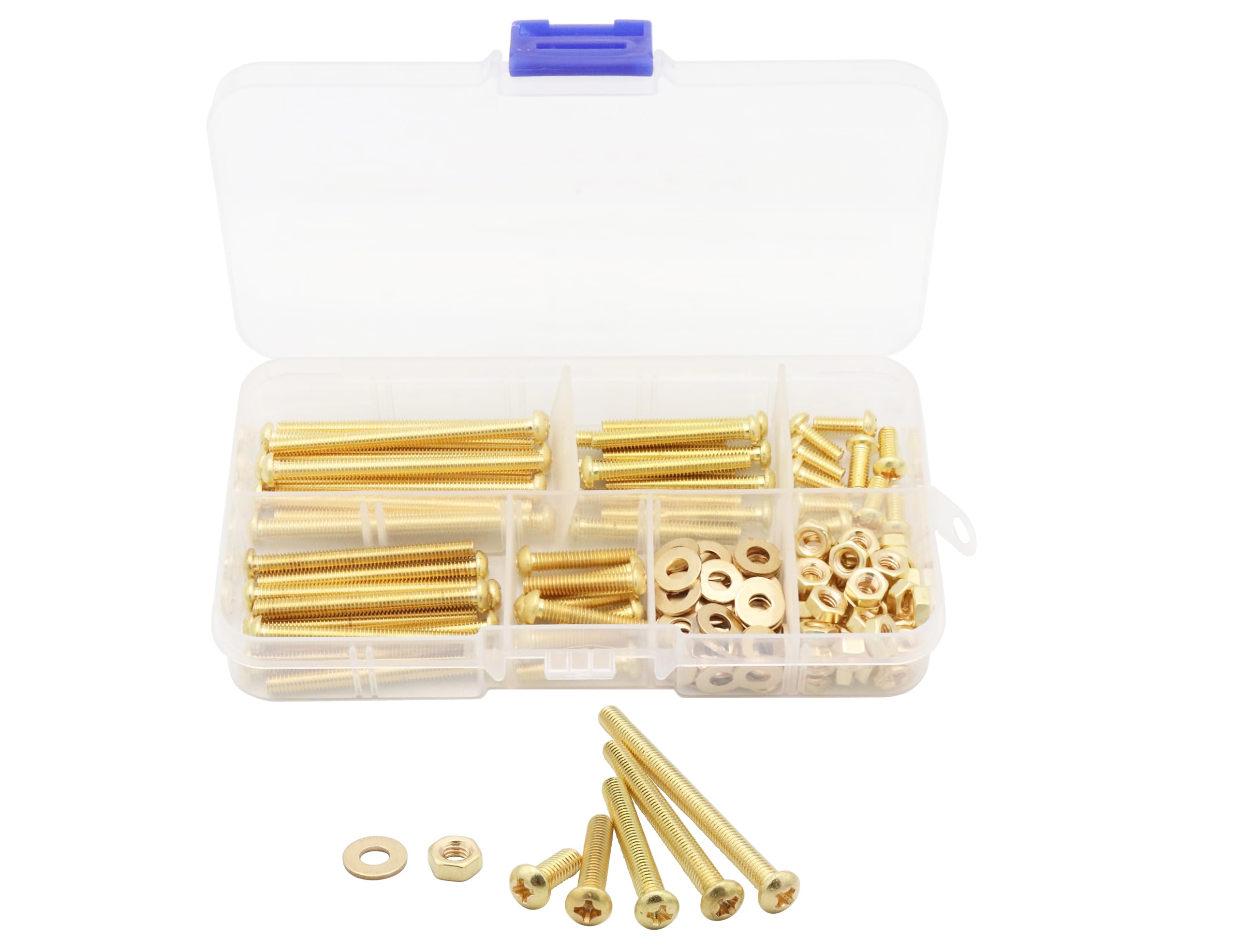 Photo 1 of LBY 160pcs Machine Screws Assortment Kit, M4 Phillips Pan Head Bolts, 5 Sizes (with Nuts and Flat Washers), Copper (Yellow)