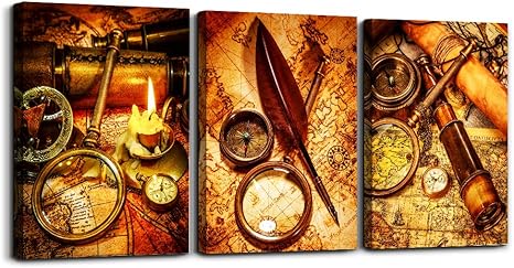 Amazon Com 3 Pieces Framed Wall Art For Living Room Bathroom Wall Decoration Kitchen Wall Decor Canvas Print Modern Office Bedroom Home Decoration Vintage Nautical Compass Telescope Poster Wall Paintings Posters Prints