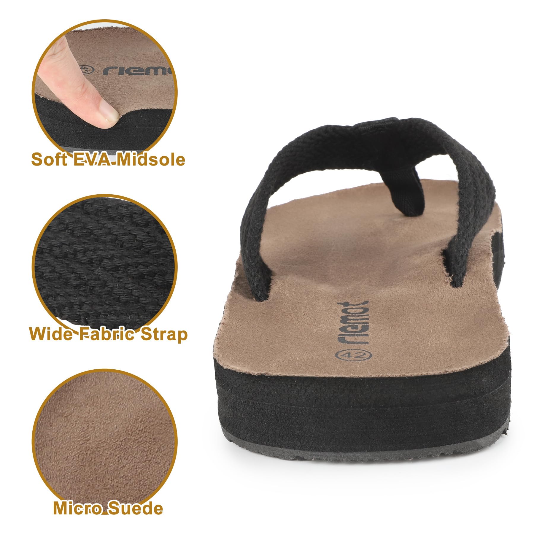 riemot Herren Flip Flops mit Fußgewölbeunterstützung, bequeme Zehentrenner mit starkem Nylonriemen, weichem Mikrovelours-Fußbett und TPR-Laufsohle für Strand, Urlaub, Sommer und Alltag Schwarz EU43 4