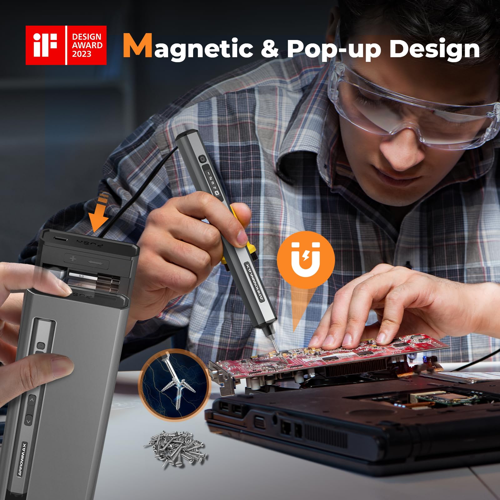 AM ARROWMAX Electric Screwdriver, 74 in 1 Mini Power Screwdriver Set w/ 70 Magnetic Bits, 5 Torque Modes, Red Dot, IF Winning Design, Rechargeable Small Cordless Screwdriver for Phone, DIY (SES ULTRA)