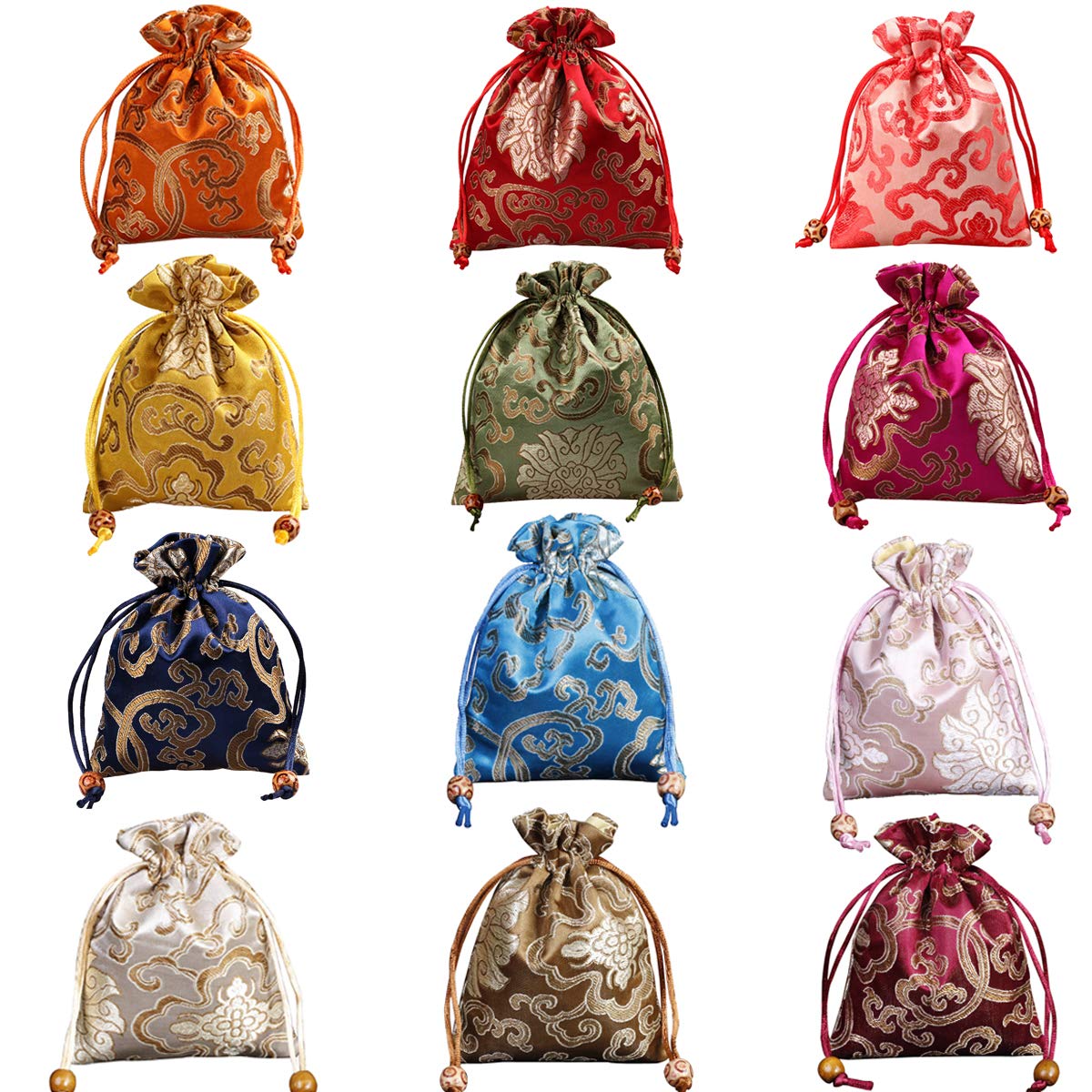 Aileder 12Pcs Silk Brocade Jewellery Pouch Bag Embroidered Small Coin Pouches Double Layer Drawstring Gift Bags for Wedding Party Birthday and DIY Craft (16 x 19 CM)