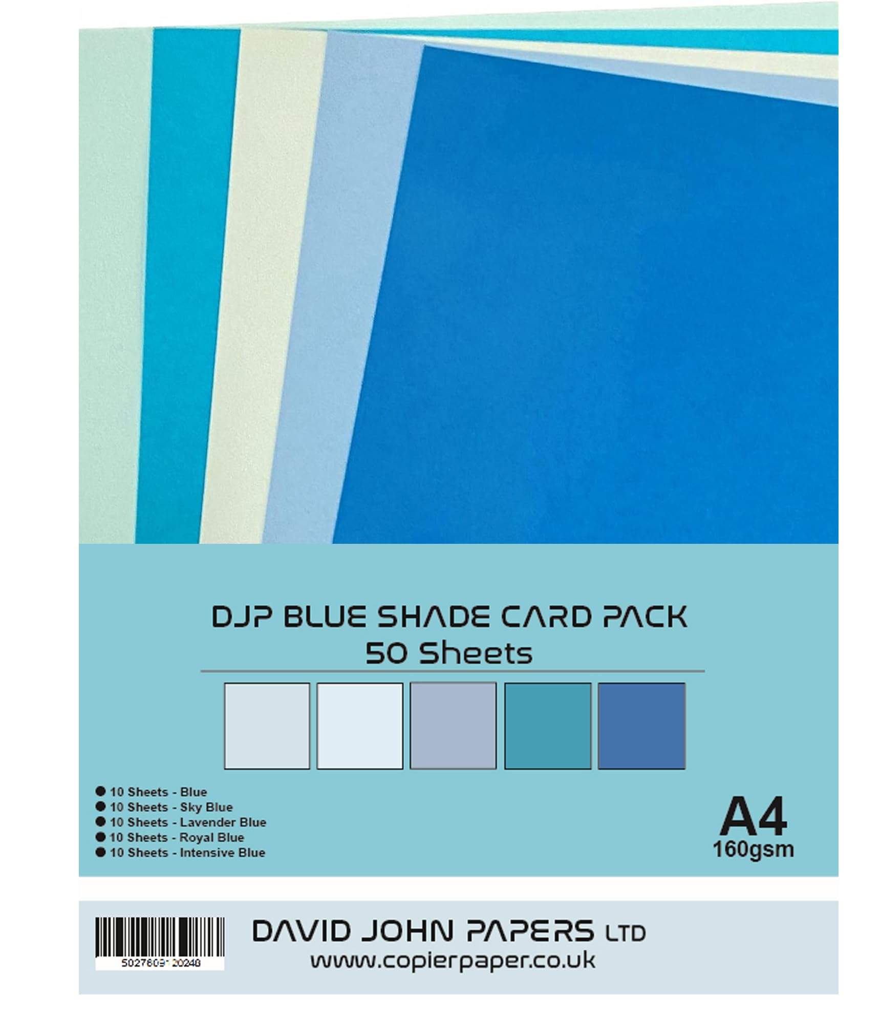 DJP 160GM Blue Shade Card Pack - 5 Colours, 50 Sheets - 10 Each Colour
