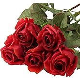 Artificial Realistic Roses Red Flowers 24" Real Touch Silk Roses Bouquet Long Stems Rose for Flower Arrangement Fake Roses Decor for Home Party Wedding Table Centerpieces Roses Realistic - 5 Pcs