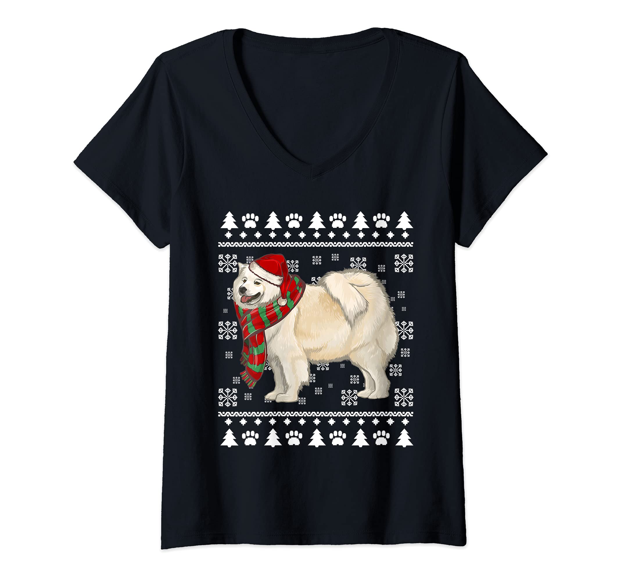 Womens Samoyed Dog Santa Hat Xmas Ugly Christmas V-Neck T-Shirt