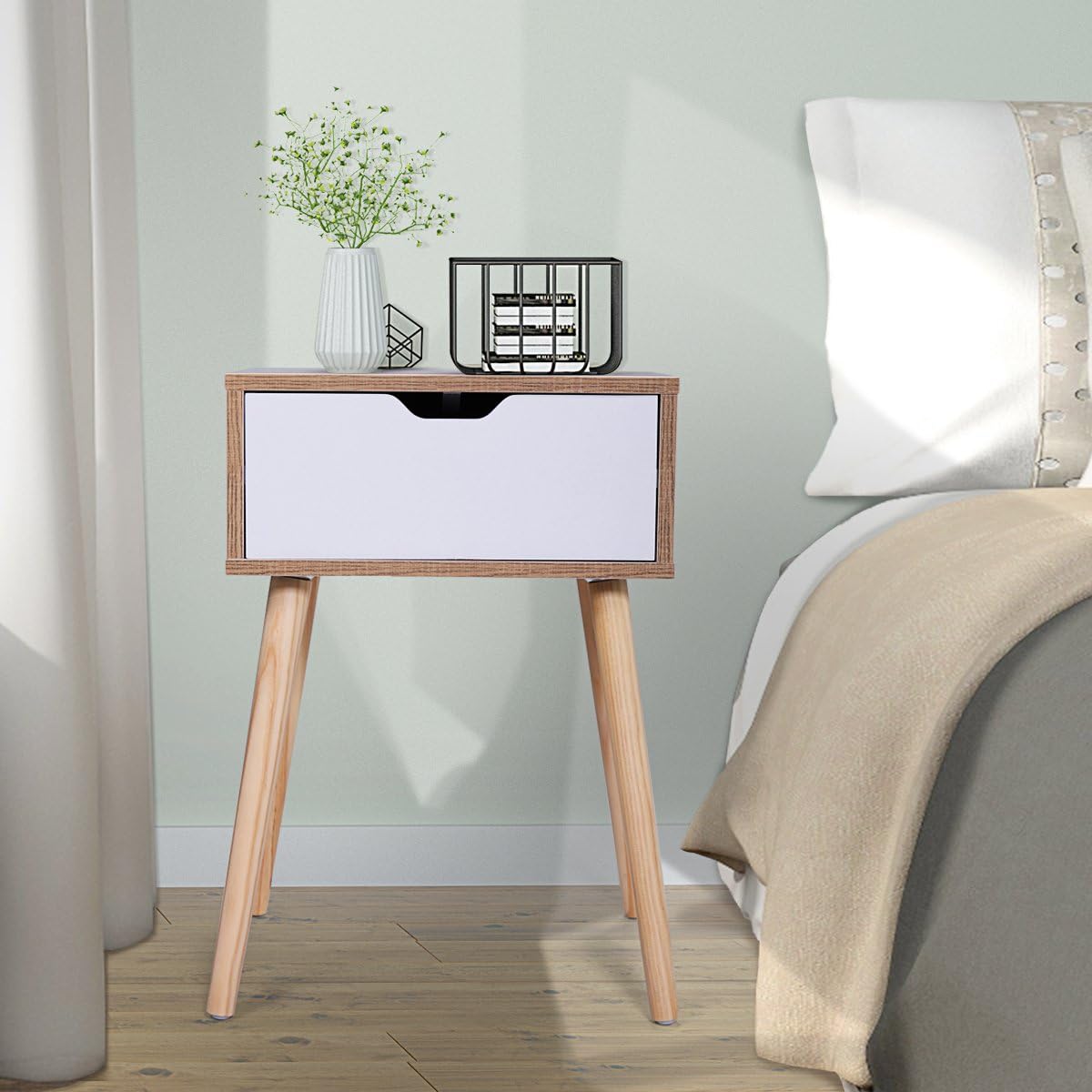 JAXSUNNY Mid-Century Solid Wood Legs Side Table, Bedside Table Nightstand End Table, with White Storage Drawer 23.1" H - Set of 2 in Walnut: Kitchen & Dining