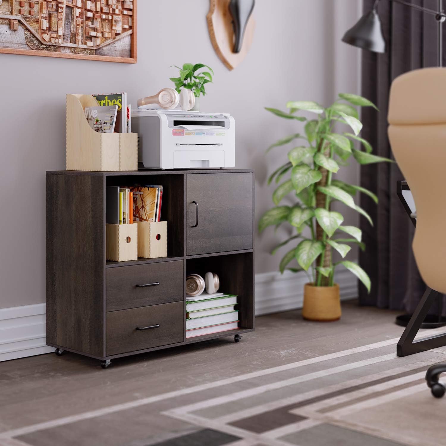 HOMECHO File Cabinet Mobile Lateral Filing Cabinet with Wheels, Large Modern Printer Stand with 2 Drawers and Open Shelves, Functional Storage Cabinet for Home Office, Dark Brown : Office Products