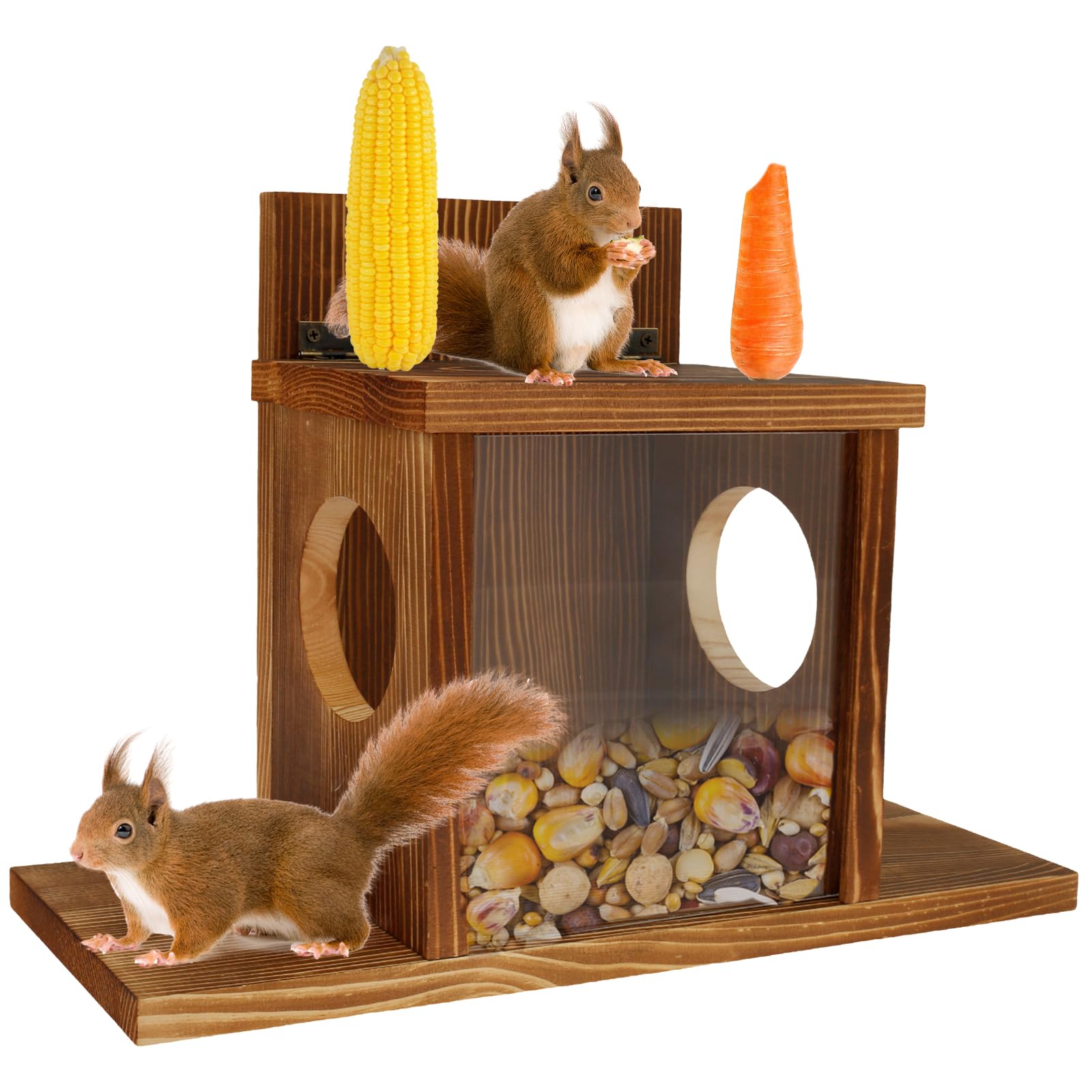 Wooden Squirrel Feeder House, Squirrel Feeder for Garden, Large Capacity Squirrel Feeding Station Squirrel House with Flexible Roof Chipmunk Feeding Station for Backyard and Garden 35×12.5×24cm