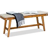 VICTORY RELAX Acaia Wood Upholstered Bench, 43" End of Bed Benches with Cushion, Entryway with Seat for Dining Table, Suitabl