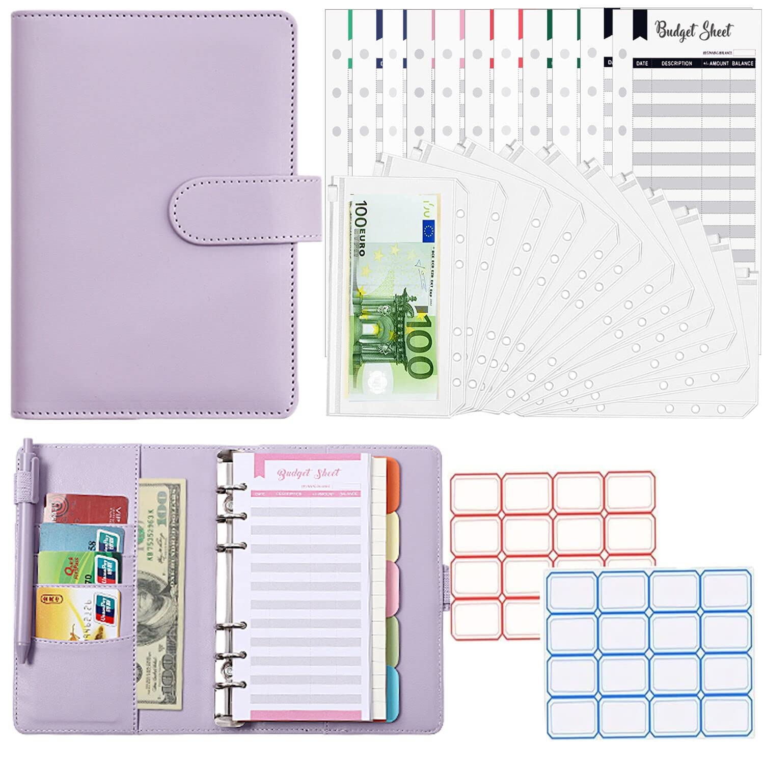 Budget Binder A6 with 12pcs Binder Pockets, 12pcs Expense Budget Sheets, 6 Ring Budget Binder Money Saving Cash Envelopes System