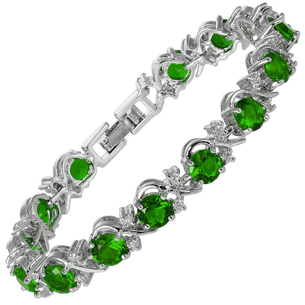 RIZILIA Blossom Tennis Bracelet [18cm/7inch] with Round Cut Gemstones CZ [Green Emerald] in 18K White Gold Plated, Simple Modern Elegance