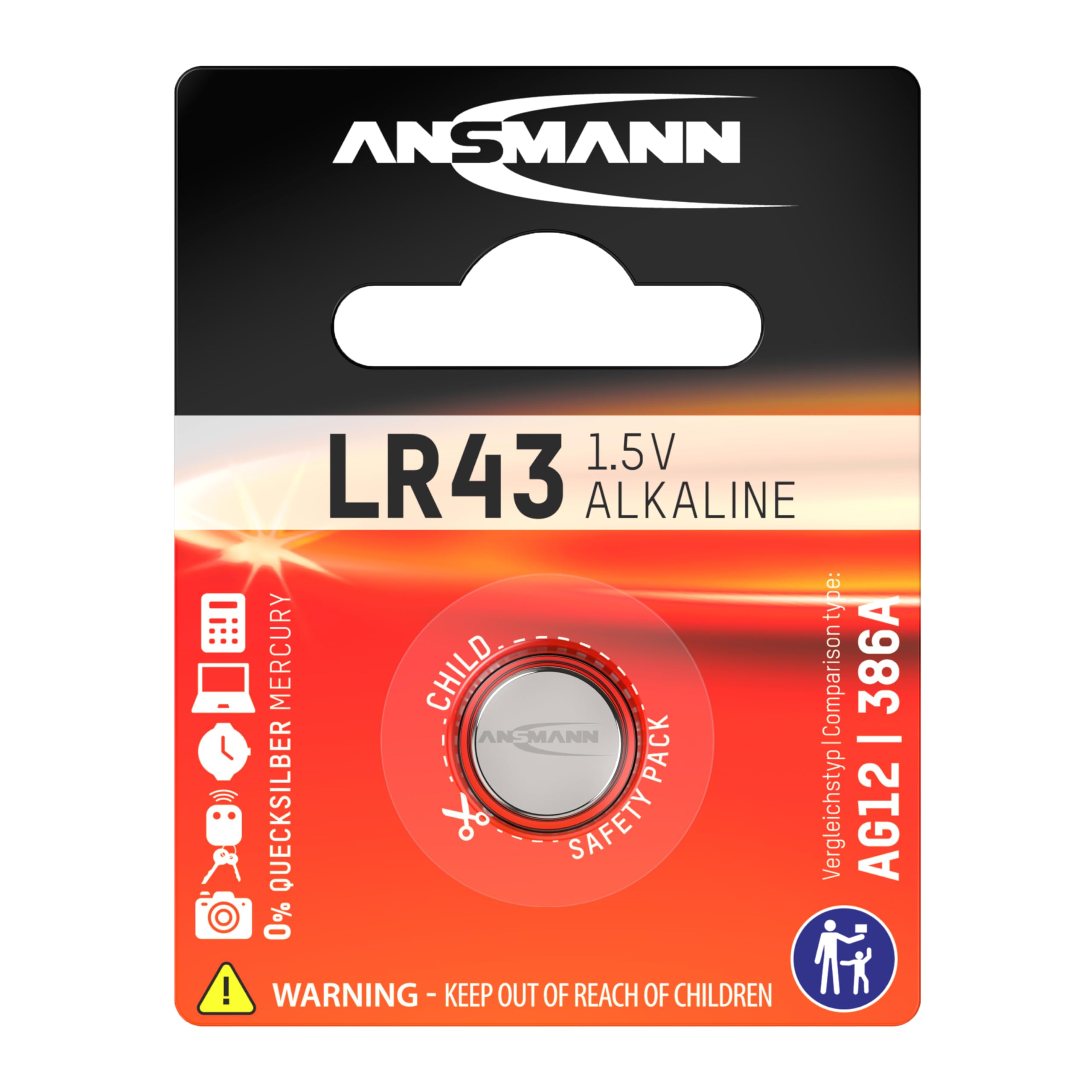ANSMANN 5015293 LR43 Coin Battery [Pack of 1] Alkaline 1.5V Button Cell
