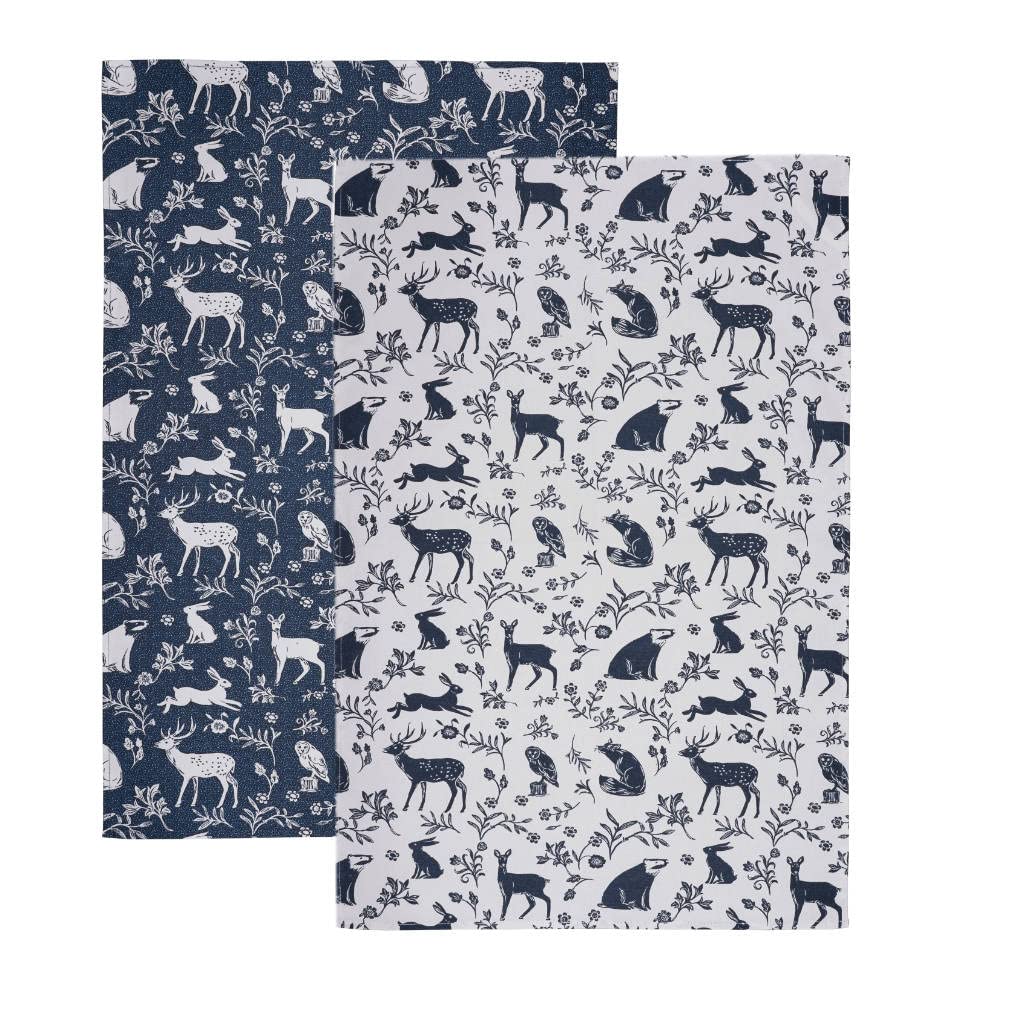 Ulster Weavers - Woodland Animals Tea Towels 2 Packs (74 x 48cm) - 100% Cotton - 2 Colours - Navy Blue Dish Cloths/Dish Towel with Forest Animals (Fox, Owl, Deer & Hare) - Kitchen Accessories & Decor
