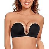 Upushall Strapless Push Up Bras for Women Deep Plunge Non Slip Padded Convertible Underwire Bra Low Cut Sexy U Shaped
