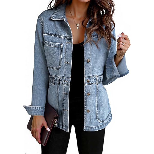 Ebossy Women's Denim Blazer Jacket - Classic Notch Lapel Office Jean Jacket With Slim Fit