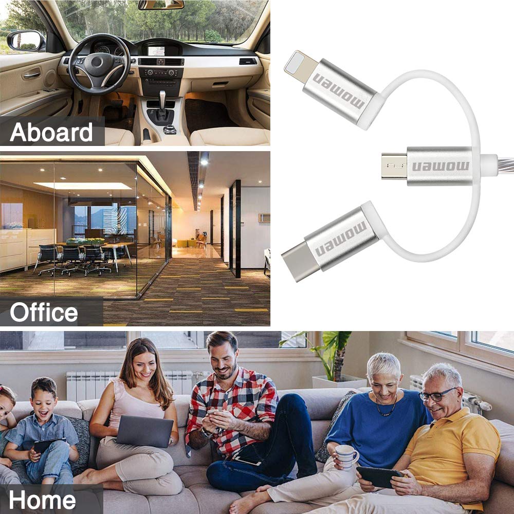 3 in 1 USB Cable,Momen Led Multi Charging Cable 6ft with 5 Light Modes Micro USB/Type C/Phone Charger Cable Compatible for Phone 6s/7/8/Xr,Galaxy S8/S9,LG Stylo 4/G5/G6/G7and More(Blue)