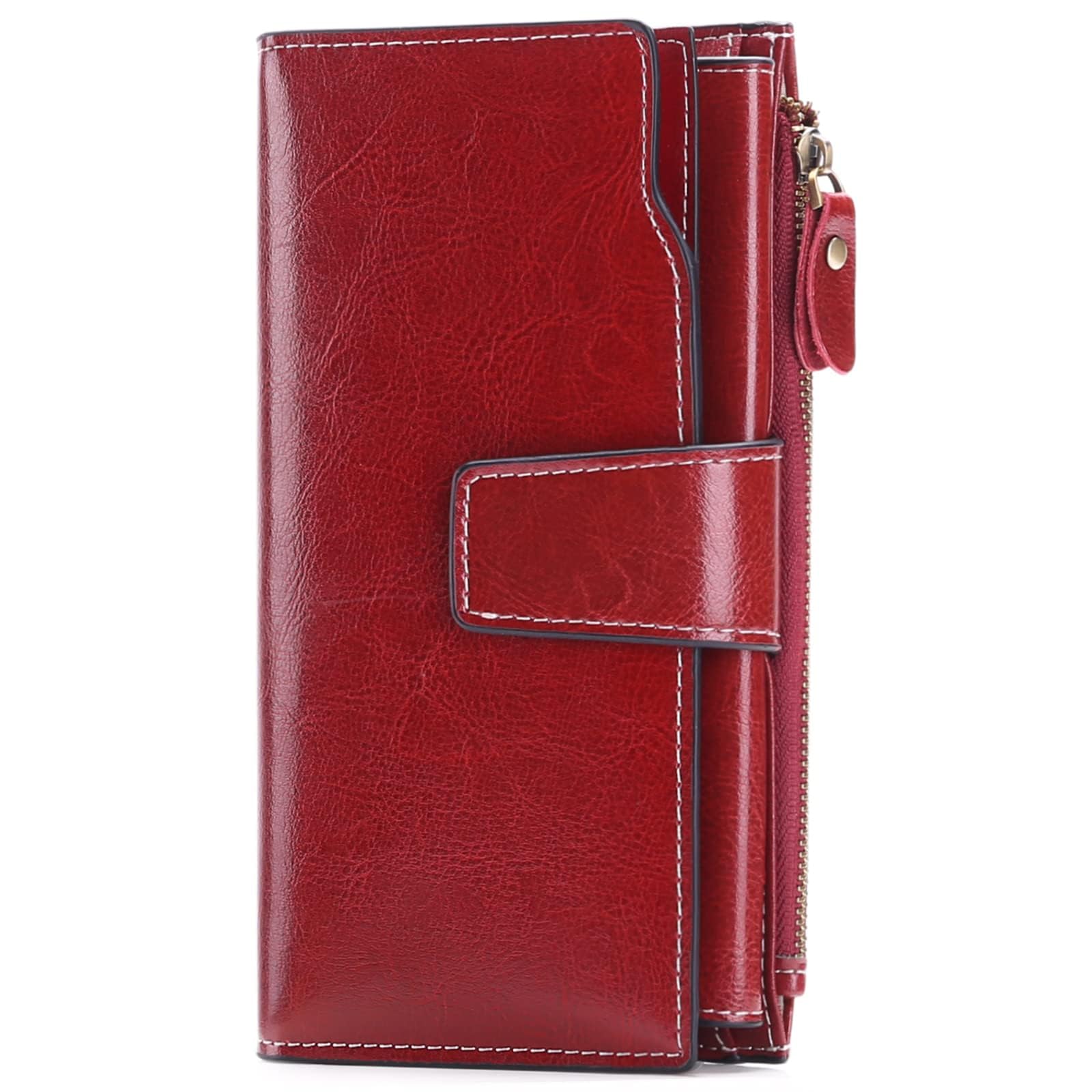 SENDEFN Ladies Purse,Large Capacity Genuine Leather Women's Wallet with Multiple Card Slots Wine Red