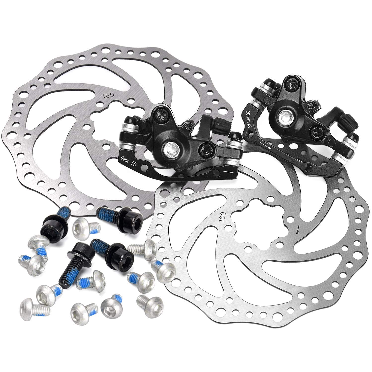 TOBWOLF 1 Pair MTB Front & Rear Cable Disc Brake Aluminum Alloy Caliper Post Mount, 2PCS 160mm Stainless Steel 6-Bolt Disc Rotors for Mountain Bike Road Bike Folding Bike BMX