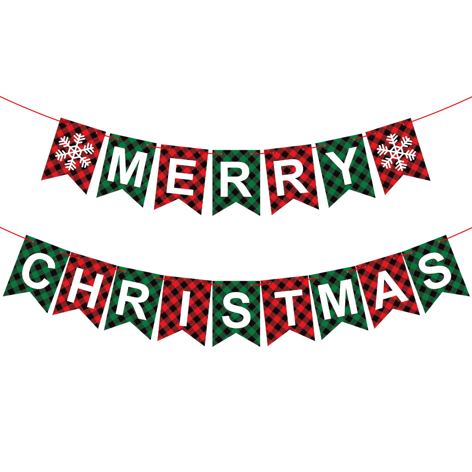 Merry Christmas Banner, Red Green Buffalo Plaid Check Holiday Garland, Rustic Snowflake and Letter Bunting, Fun Wall Mantel Hanging Christmas Decorations for Home, Office, and Xmas Party Supplies