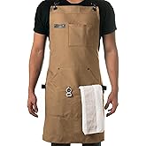 Asaya Chef and BBQ Apron with Bottle Opener and Hand Towel - 10oz Cotton Canvas, Stainless Steel Hardware - Cross Back Straps