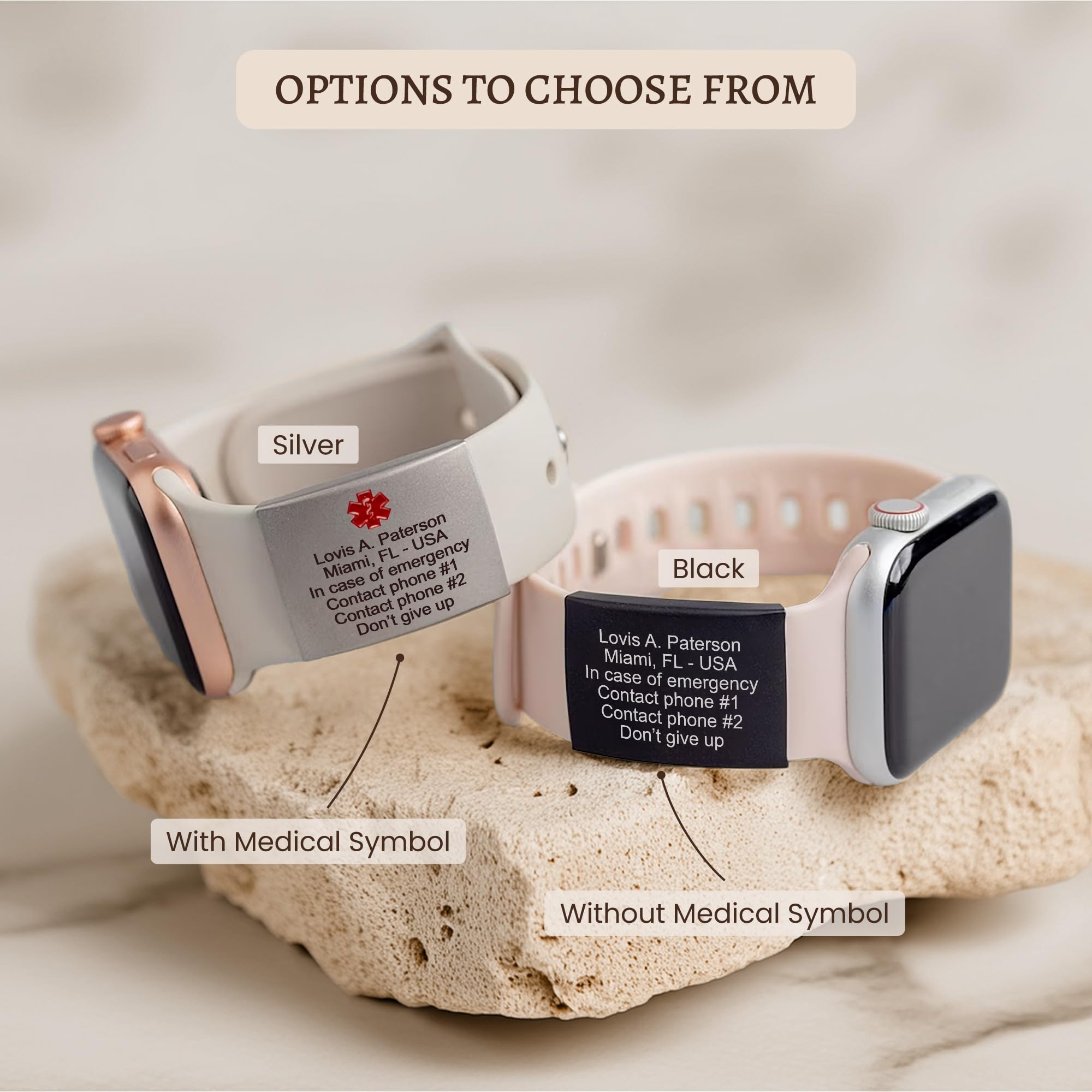 MIA·MIA Alert ID Tag for watch band, laser engraved apple watch safety plate, fitness runners ID tag for sport smartwatch, medical tag for wrist band