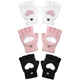 Geyoga 3 Pair Kids Fingerless Gloves for Girls Winter Warm Convertible Flip Top Gloves Heart Half Finger Mitten for Toddler
