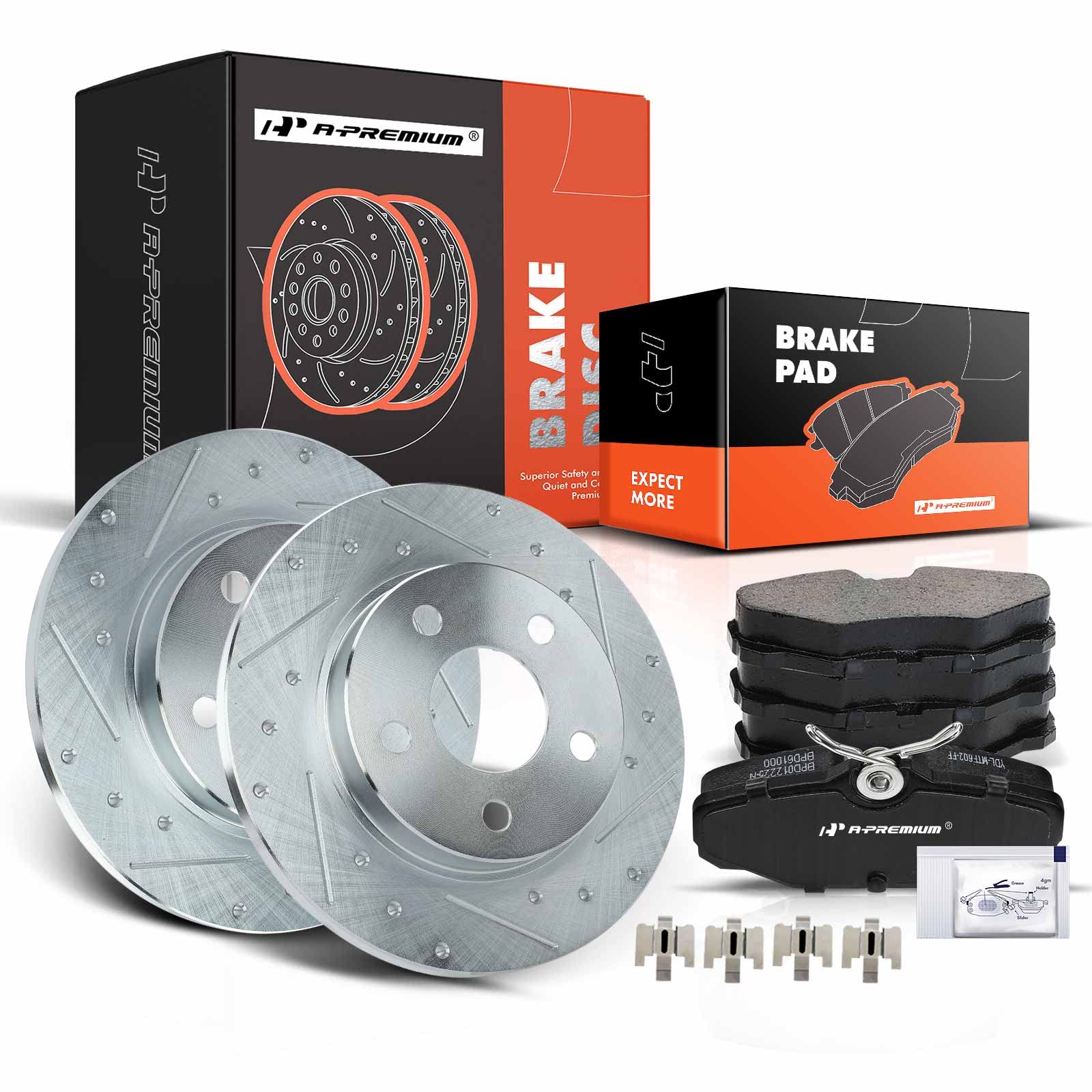 View 1 of A-Premium 10.08 in (256mm) Rear Drilled and Slotted Disc Brake Rotors + Ceramic Pads Kit Compatible with Ford, Lincoln and Mercury Models - Taurus & Sable 1993-2005, Continental 1993-2002, 6-PC Set