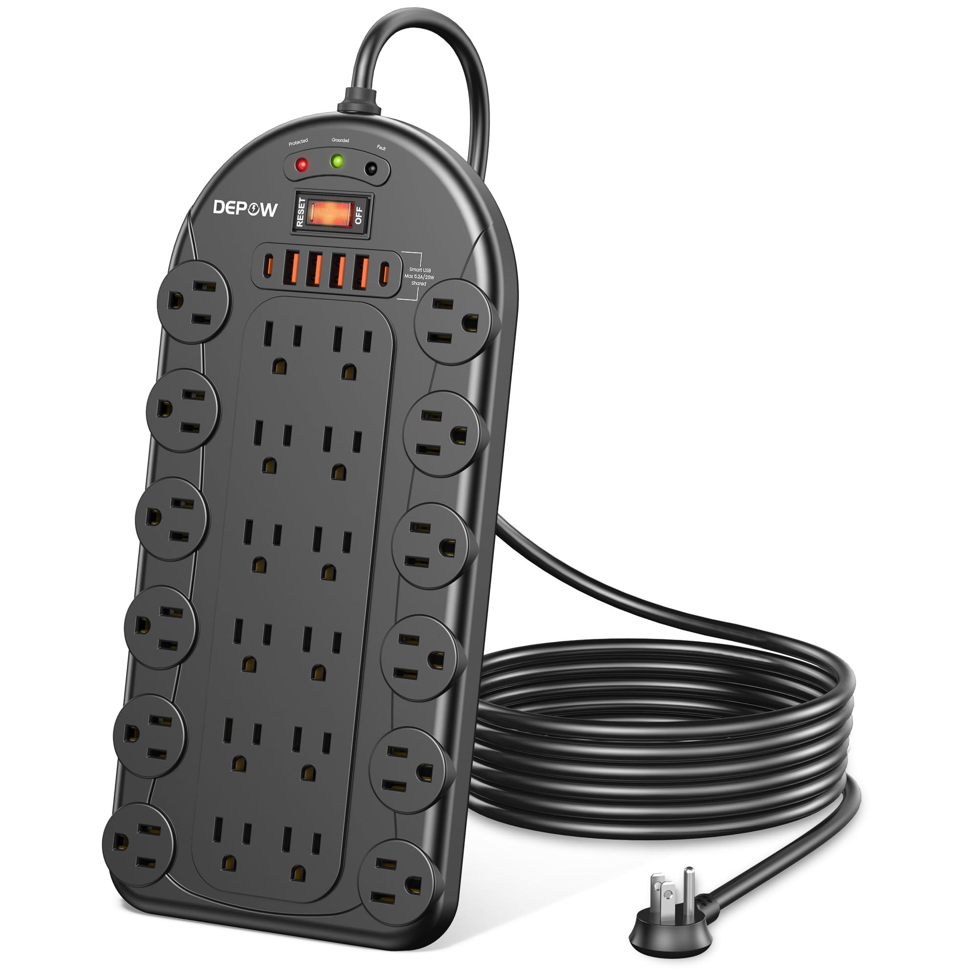 DEPOW 6 Ft Power Strip Surge Protector with 24 AC Outlets (1875W/15A) 6 USBs (2 USB-C Ports), 3,400 Joules, Heavy Duty Flat Plug Extension Cord, Wall Mountable for Home, Office, Black, ETL Listed Image