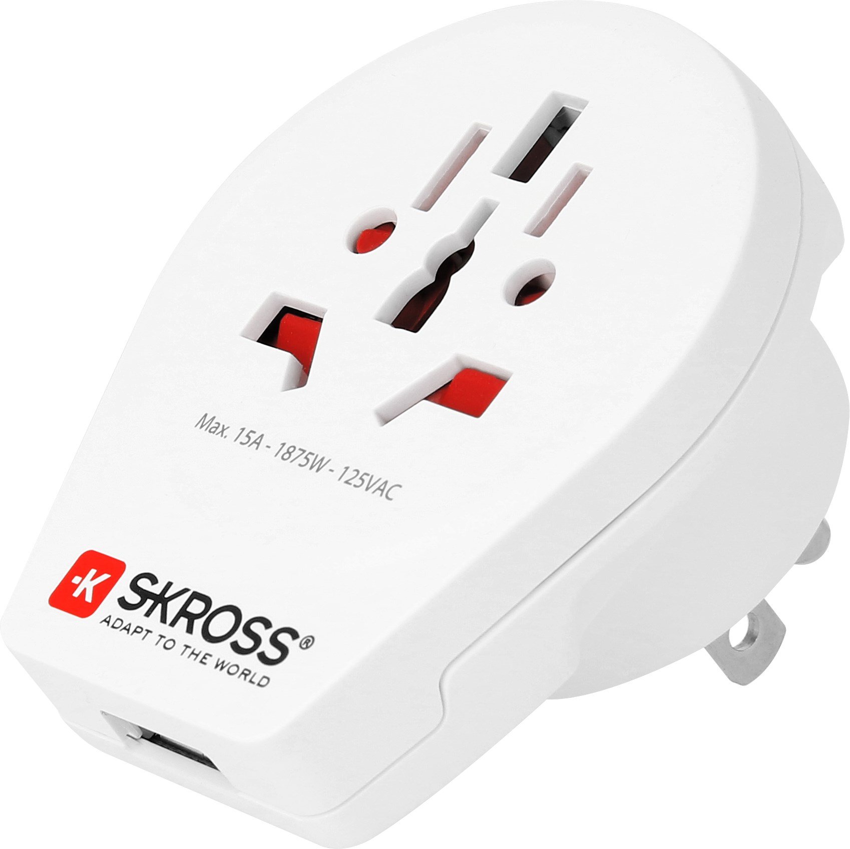 Skross World to USA USB Travel Adapter, Travel Adapter Integrated with USB & USA Plug, Designed in Switzerland for devices from more than 220 Countries, 1.500262 White
