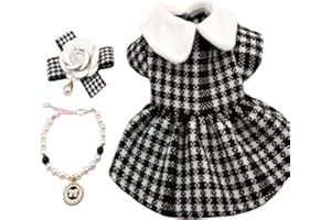 QWINEE 3pcs Dog Dress & Flower Bow & Necklace Set Geometric Princess Dress with Flower Bow Deco Puppy Skirt with Pearls Jewelry Necklace for Small Medium Cats Dogs Kitten Black and White L