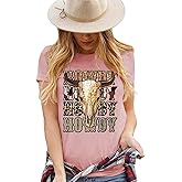 Women Cow Skull Print Graphic Tees Western Cowgirl Shirts Cotton Vintage Style Tops for Concerts Rodeo Outfits