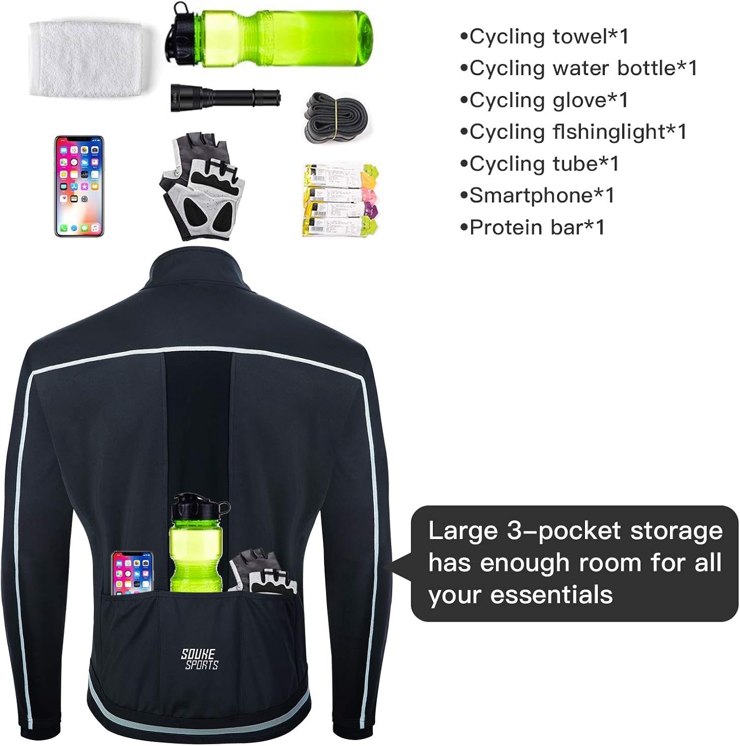 Souke Sports Men's Winter Cycling Jacket, Windproof Water Resistant Thermal Windbreaker: Clothing