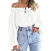 Imily Bela Womens Off The Shoulder Tops Puff Long Sleeve Tie Front Loose Fit Ruffle Shirts Blouses