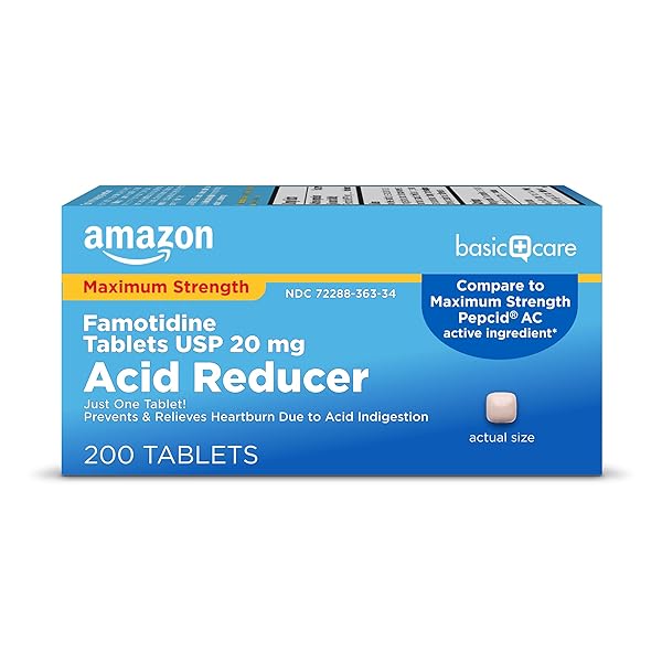 AMAZON BASIC CARE MAXIMUM STRENGTH FAMOTIDINE TABLETS 20 MG, ACID REDUCER PILLS FOR HEARTBURN RELIEF, 200 COUNT (PACKAGING MAY VARY)
