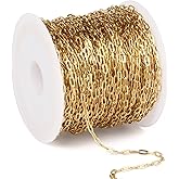 33FT Gold Paperclip Chain Jewelry 2MM 18K Gold PVD Plated Stainless Steel Paperclip Link Chain Roll Bulk for Jewelry Making