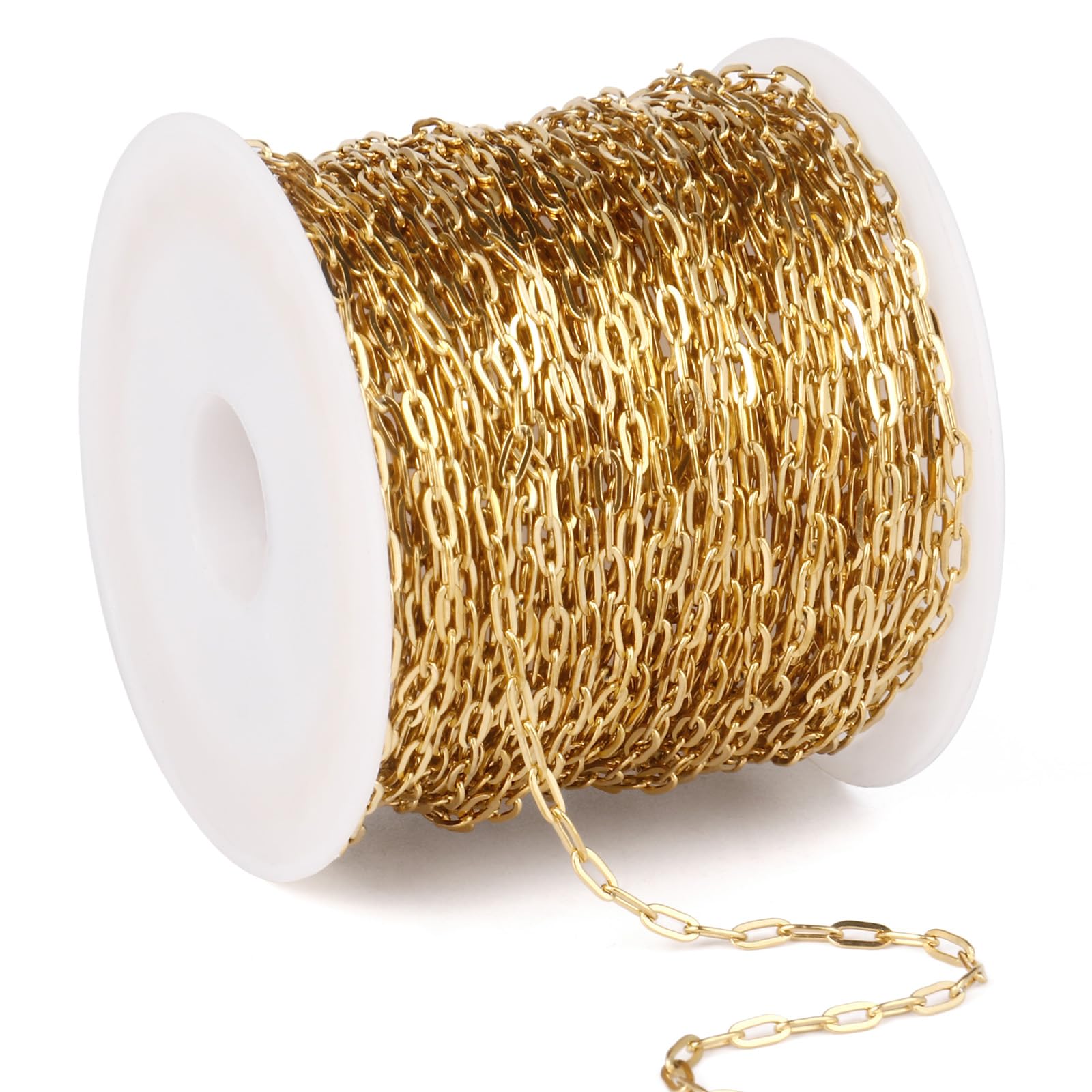 Photo 1 of 33FT Gold Paperclip Chain Jewelry 2MM 18K Gold PVD Plated Stainless Steel Paperclip Link Chain Roll Bulk for Jewelry Making
