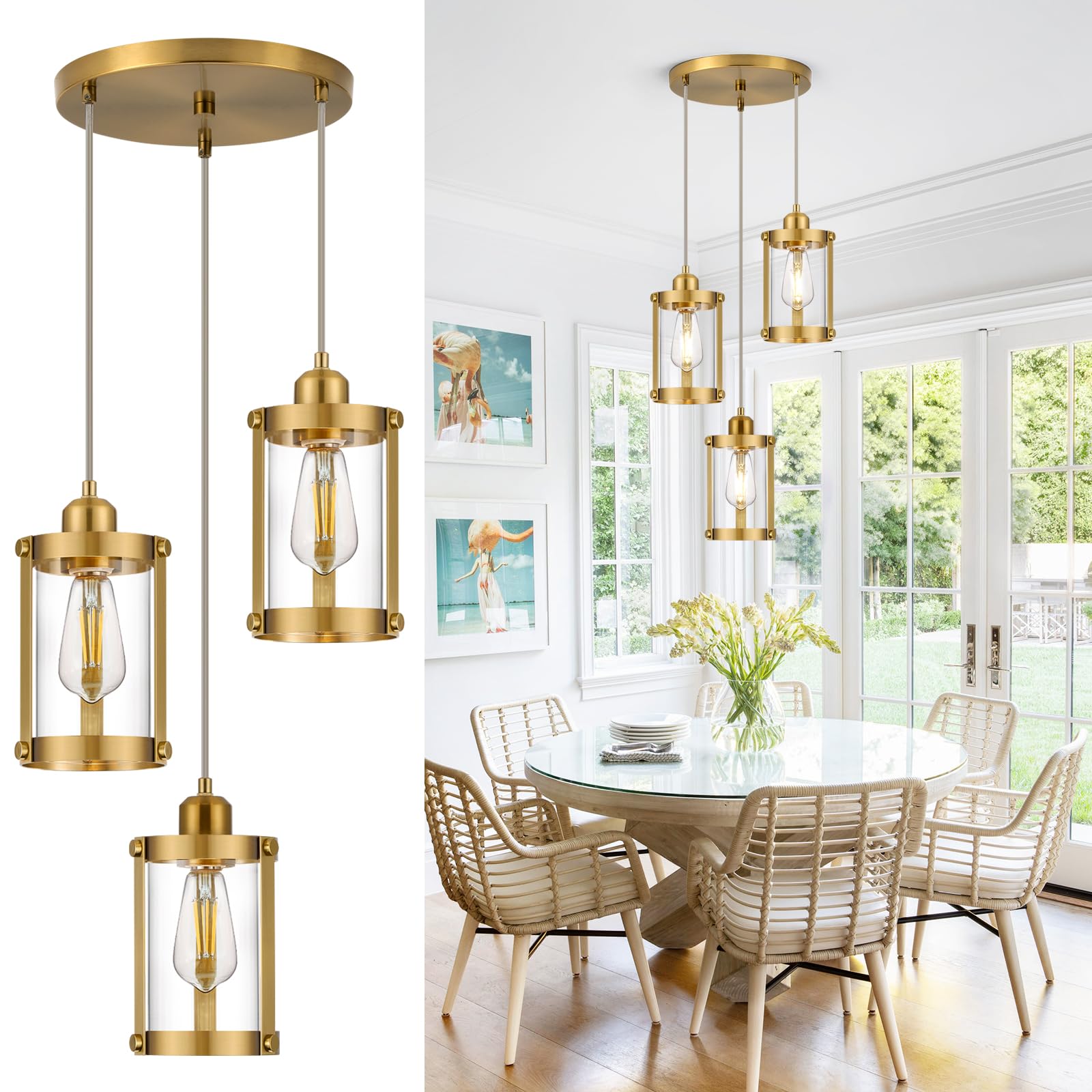 Osimir 3-Light Pendant Lighting, Brushed Gold