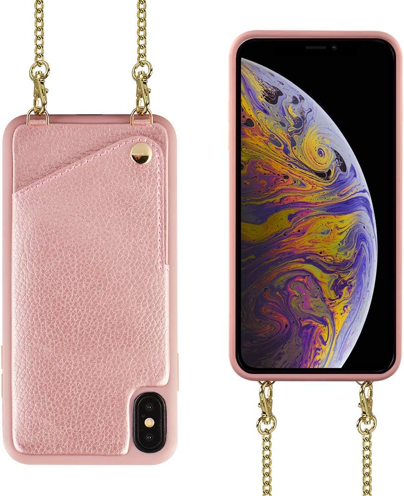 iPhone Xr Wallet Case,iPhone Xr Leather Wallet Case,JLFCH Leather Case with Card Holder,Cell Phone Case with Chain,Protective Case for iPhone Xr,6.1 inch,Rose Gold