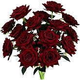 Floweroyal 15PCS Burgundy Roses Artificial Flowers 4.33" Velvet Flowers with Long Stem Fake Roses for Valentine's Day, Wedding Bridal Bouquets, Floral Arrangement, Table Centerpieces, Home Decorations