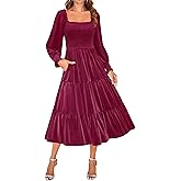ZESICA Women's Velvet Long Sleeve Dresses 2026 Winter Square Neck Smocked Ruffle A Line Flowy Cocktail Party Midi Dress