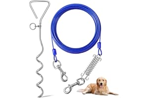 EVILPLAN Dog Tie Out Cable and Stake,40ft Outside Dog Run Cable Leash&Chain with Shock Spring for Camping and Yard, 16'' Heavy Duty Anti Rust Spiral Stake for Small-Large Dogs Up to 150 lbs(Blue1, 150lbs 40FT)