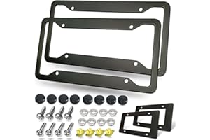 BGGTMO Matte Black Aluminum License Plate Frames- 2 Pack Heavy Duty Car Tag Cover for Front & Rear, 4 Hole Rust Proof Universal Holder, Mount Screws Caps, Inserts, Rattle Proof Pads