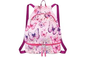 RLGPBON Drawstring Backpack for Kids,Youth Gym Dance Beach Swim Travel Bag for Girls and Boys with Two Water Bottle Holders